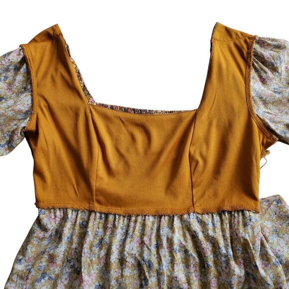 SO Cabin Fever Mustard Multi Floral Midi Dress Tiered Ruffle Hem Cottagecore M - Picture 6 of 16